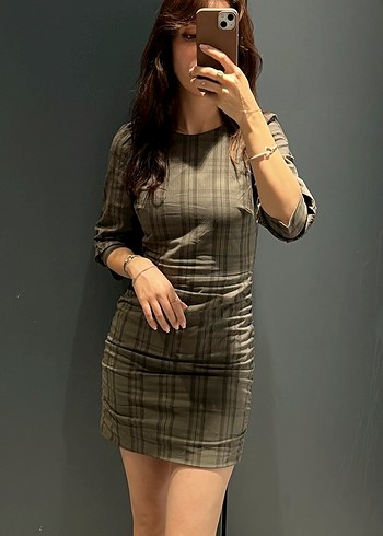 Zata haki kareli Drapeli Midi Kadın Elbise - Görsel 2