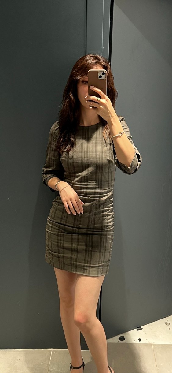 Zata haki kareli Drapeli Midi Kadın Elbise - Görsel 2