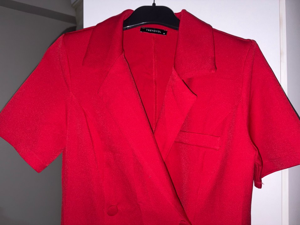 Kısa Kollu Kırmızı Kadın Ceket Elbise - Görsel 2