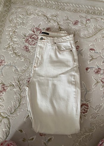 Beyaz Bağlama Desenli Pamuklu Kadın Jean - Görsel 3