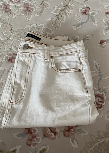 Beyaz Bağlama Desenli Pamuklu Kadın Jean - Görsel 2