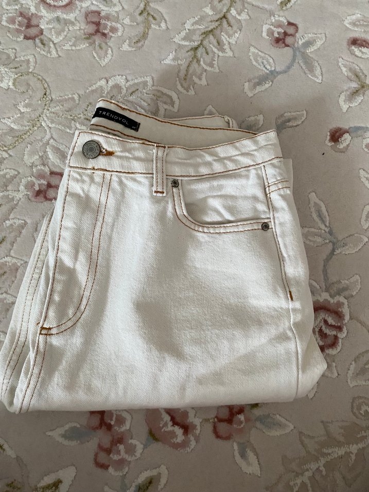 Beyaz Bağlama Desenli Pamuklu Kadın Jean - Görsel 2