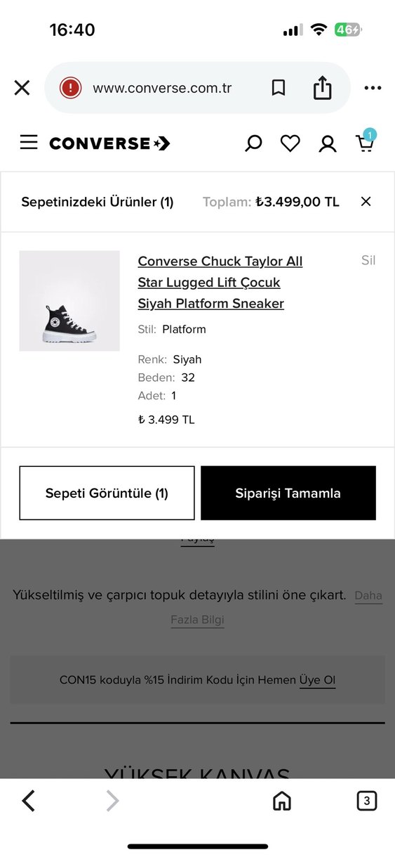 Siyah Platform Topuklu Converse çocuk Spor Ayakkabı - Görsel 2