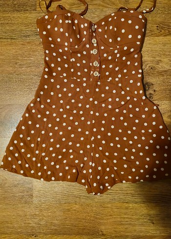 Pull&Bear Kadın Kahverengi Puantiyeli Mini Tulum - Görsel 4