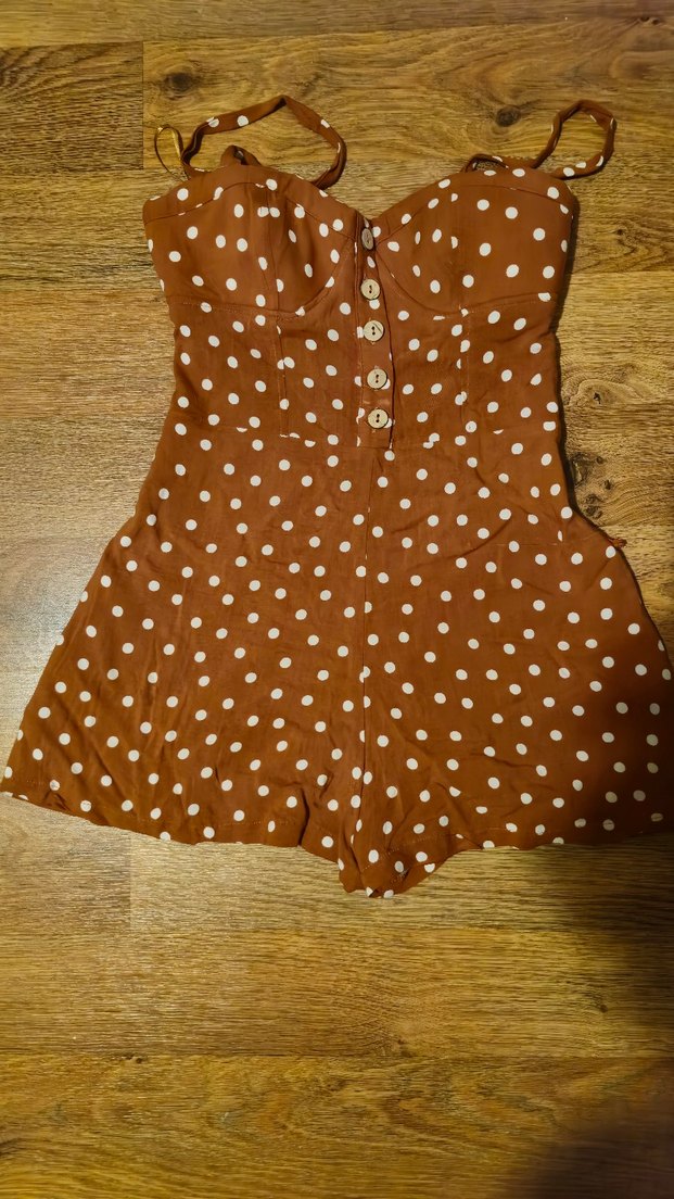 Pull&Bear Kadın Kahverengi Puantiyeli Mini Tulum - Görsel 4