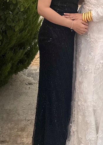 Siyah Payetli Uzun V Yaka Abiye Elbise - Görsel 2