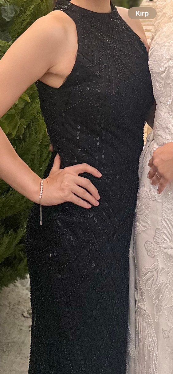 Siyah Payetli Uzun V Yaka Abiye Elbise - Görsel 3