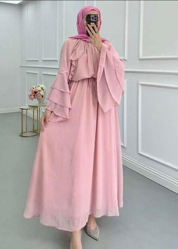 Pembe Salaş Uzun Elbise, Yüksek Yaka, Fırfırlı Kol