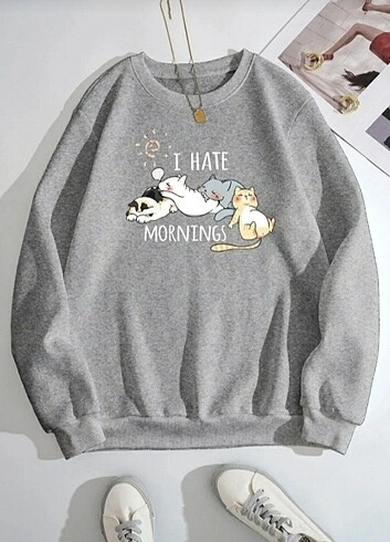 Gri kedi baskılı sweatshirt