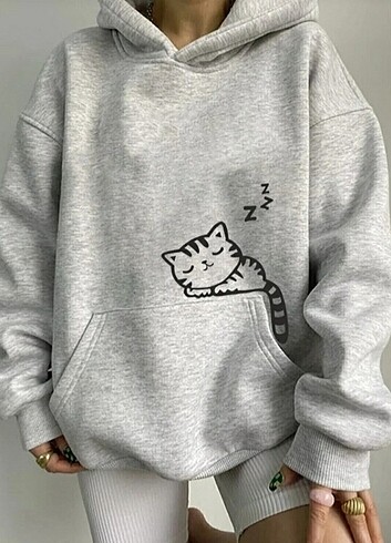 Kedi baskılı kapşonlu sweatshirt 