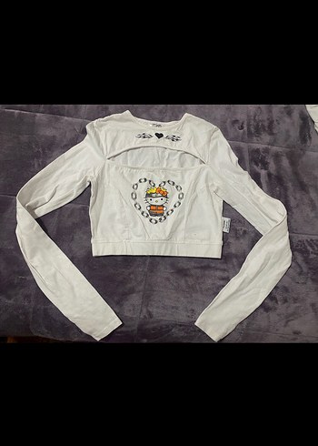 Hello Kitty Beyaz Hello Kitty Baskili Uzun Kollu Crop Bluz