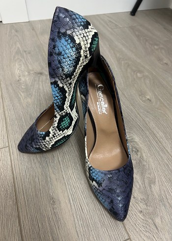 38 Beden mavi Renk Mavi Yılan Derisi Desenli Topuklu Stiletto
