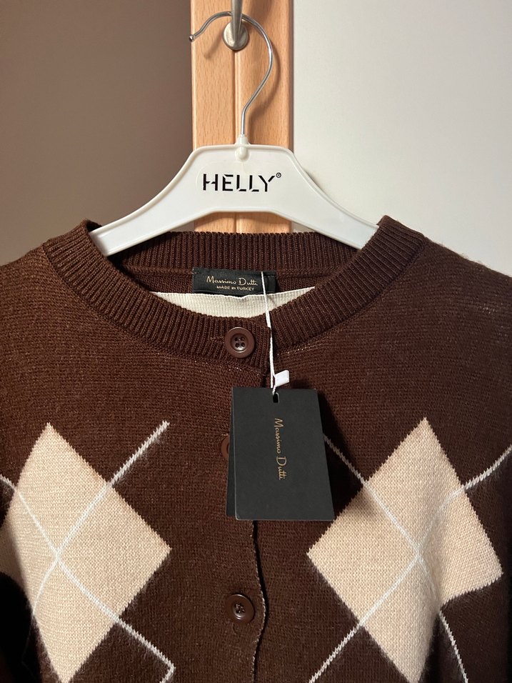 Kadın Kahverengi Kareli Örgü Hırka - Görsel 2