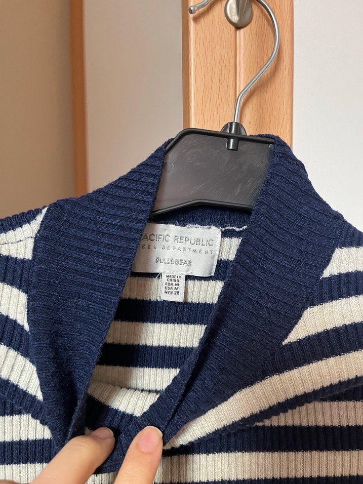 Lacivert Bej Çizgili Boğazlı Triko Kazak - Görsel 3