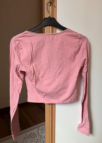 Pembe V Yaka Uzun Kollu Crop Top - Görsel 4