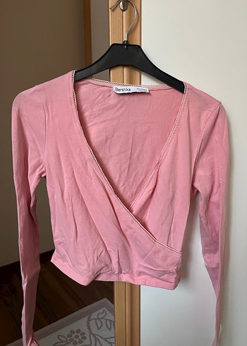 Pembe V Yaka Uzun Kollu Crop Top - Görsel 2