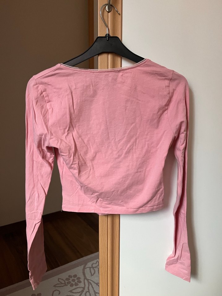 Pembe V Yaka Uzun Kollu Crop Top - Görsel 4
