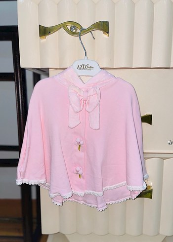 Pembe Kapüşonlu Kız Panço Fırfırlı Nakışlı - Görsel 2