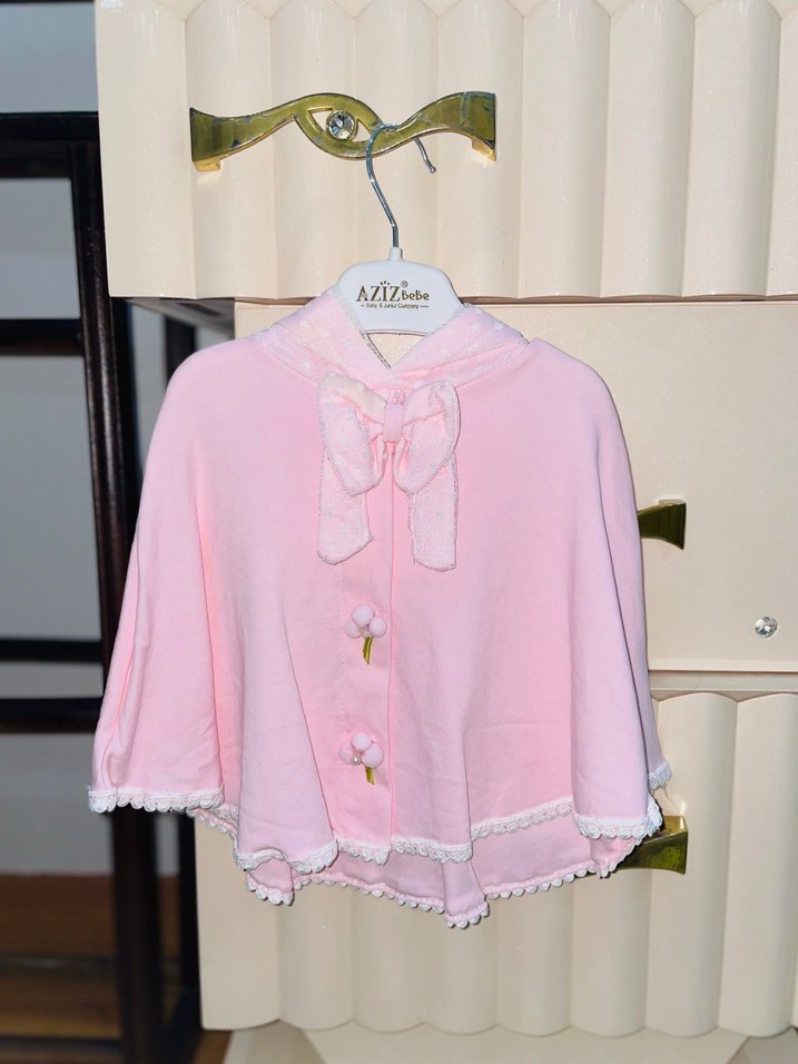 Pembe Kapüşonlu Kız Panço Fırfırlı Nakışlı - Görsel 2