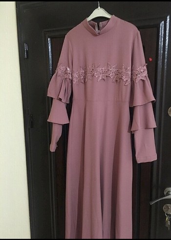 Pembe Uzun Kollu Bohem Nakışlı Elbise