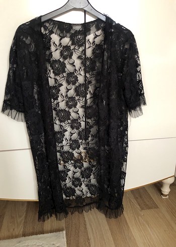 Kadın Siyah Dantel Midi Goth Kimono