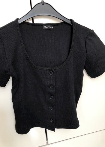 Diğer Düğmeli Siyah Kadın Crop Top