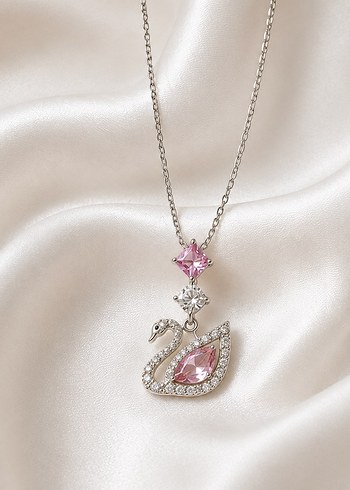 swarovski Pembe Kugu Tasli Gumus Zincir Celik Kolye
