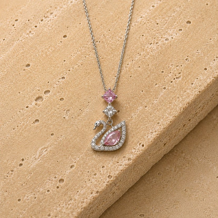 Pembe Kuğu Taşlı Gümüş Zincir Çelik Kolye — görsel 2/3