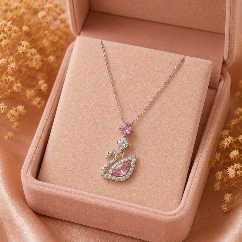 Pembe Kuğu Taşlı Gümüş Zincir Çelik Kolye — görsel 3/3