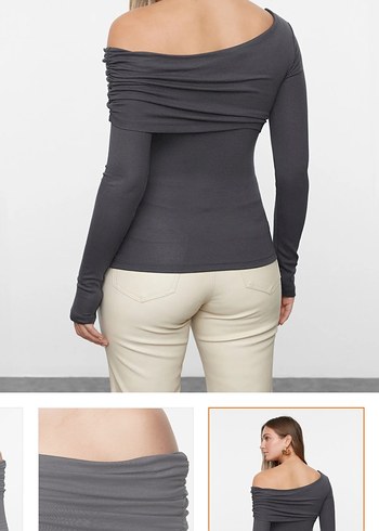 Kemer Detaylı Gri Deri Kadın Bluz - Görsel 2