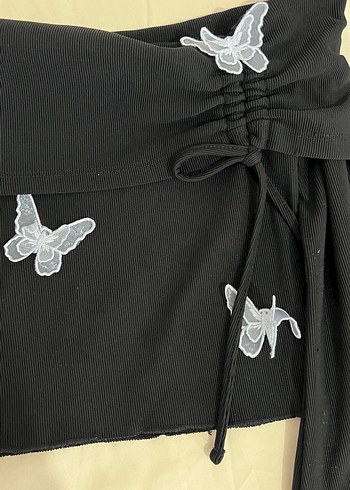 Siyah Nakışlı Uzun Kollu Straplez Bluz - Görsel 2