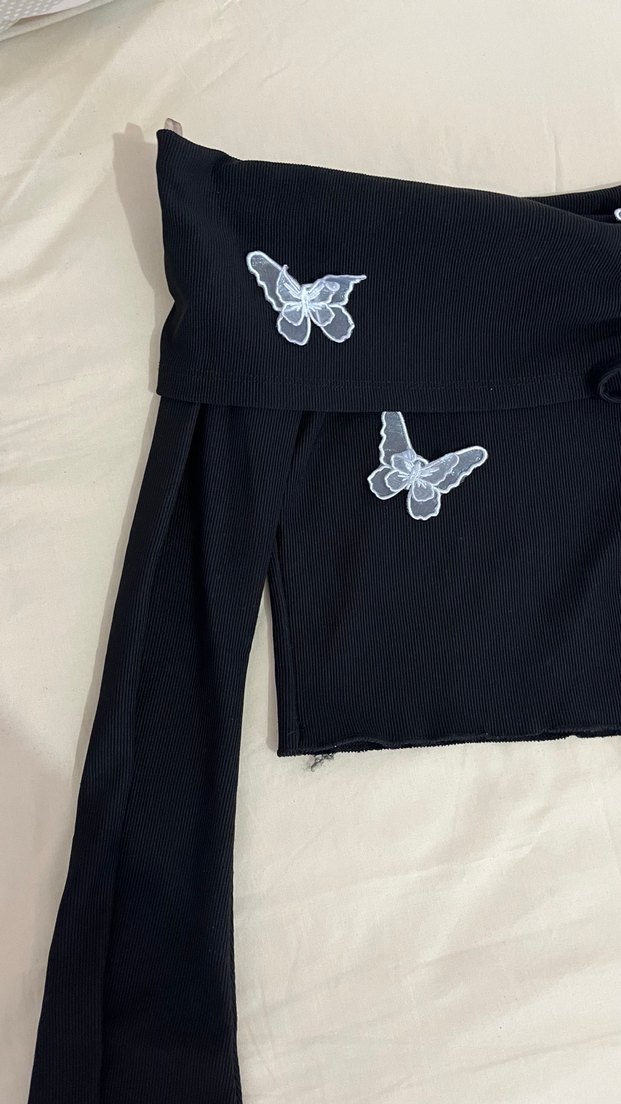 Siyah Nakışlı Uzun Kollu Straplez Bluz - Görsel 3