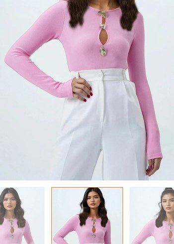 Düğmeli Pembe V Yaka Kadın Bluz - Görsel 3