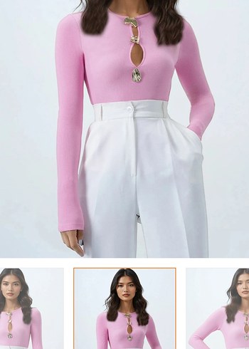 Düğmeli Pembe V Yaka Kadın Bluz - Görsel 2