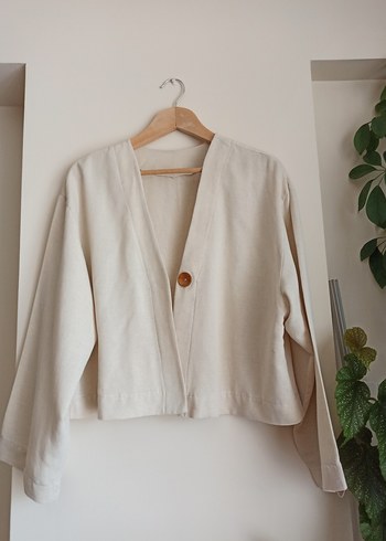 Bej Midi Keten Düğmeli kimono
