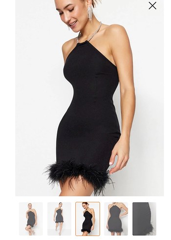 Siyah Mini Tüylü Straplez Kokteyl Elbisesi - Görsel 2