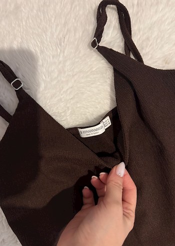 stradivarius kahve, V Yakalı, Uzun Kadın Tulum - Görsel 4