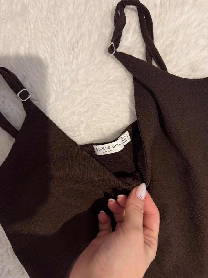 stradivarius kahve, V Yakalı, Uzun Kadın Tulum - Görsel 4