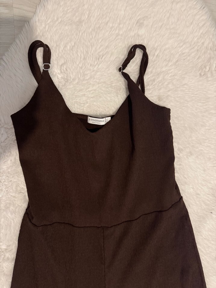 stradivarius kahve, V Yakalı, Uzun Kadın Tulum - Görsel 2