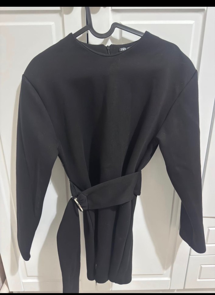 Siyah Kemerli Uzun Kollu Mini Elbise - Görsel 2