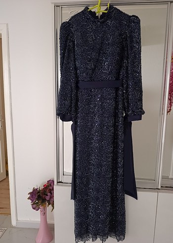 Kadın Lacivert boncuk işlemeli Uzun Kol abiye - Görsel 9