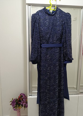 Kadın Lacivert boncuk işlemeli Uzun Kol abiye - Görsel 6