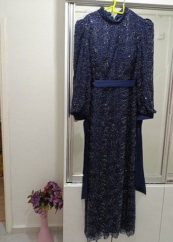 Kadın Lacivert boncuk işlemeli Uzun Kol abiye - Görsel 8