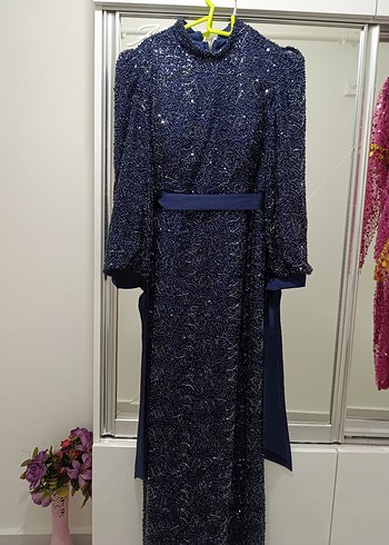 Kadın Lacivert boncuk işlemeli Uzun Kol abiye - Görsel 4