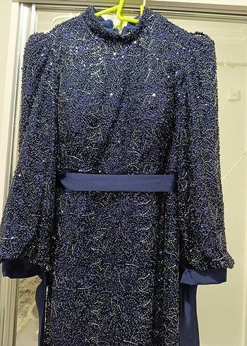 Kadın Lacivert boncuk işlemeli Uzun Kol abiye - Görsel 3