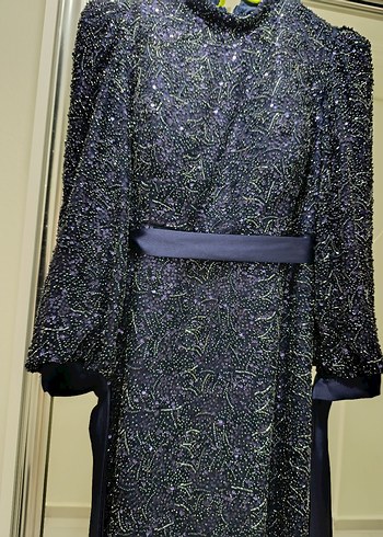 Kadın Lacivert boncuk işlemeli Uzun Kol abiye - Görsel 5