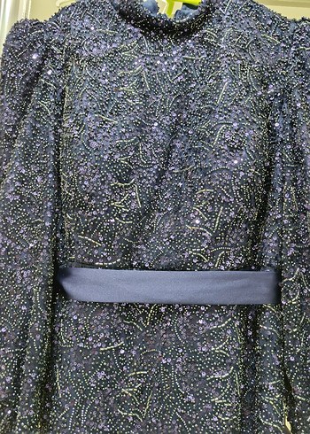 Kadın Lacivert boncuk işlemeli Uzun Kol abiye - Görsel 7