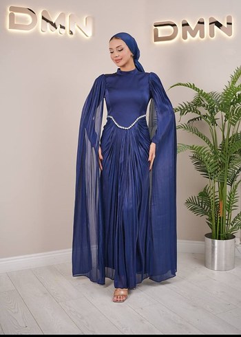 Drapeli Lacivert Uzun tesettür Abiye Elbise - Görsel 2
