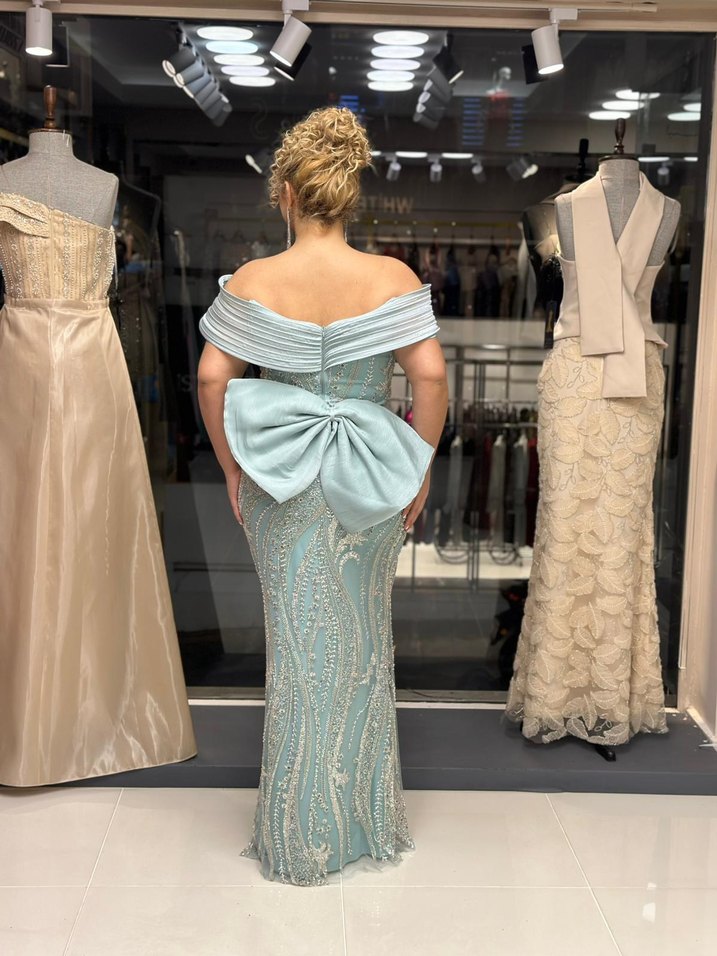 Turkuaz Drapeli Uzun Abiye Elbise - Görsel 2