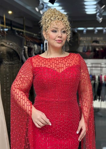 Parıltılı Kırmızı Uzun Kollu Abiye Elbise - Görsel 2